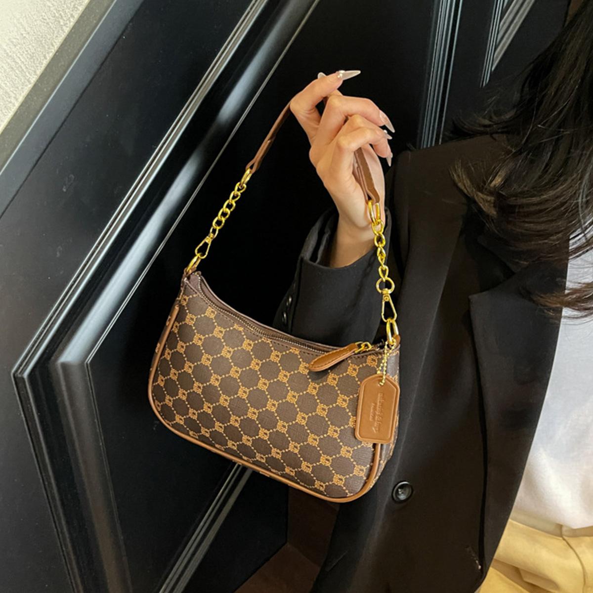 Women's PU Leather Crescent Shoulder Bag Sling with Print Letter Pattern Compact Underarm Purse for Daily Use