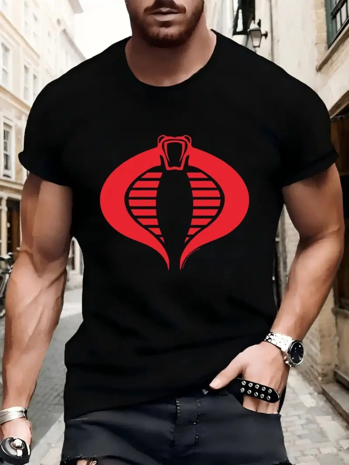 Men's Cobra Graphic Pullover T-Shirt - Streetwear Loose Fit Stretch Cotton-Polyester Blend Fabric Top with Round Neck, Rib Detailing, Ideal for Gym & Fashion