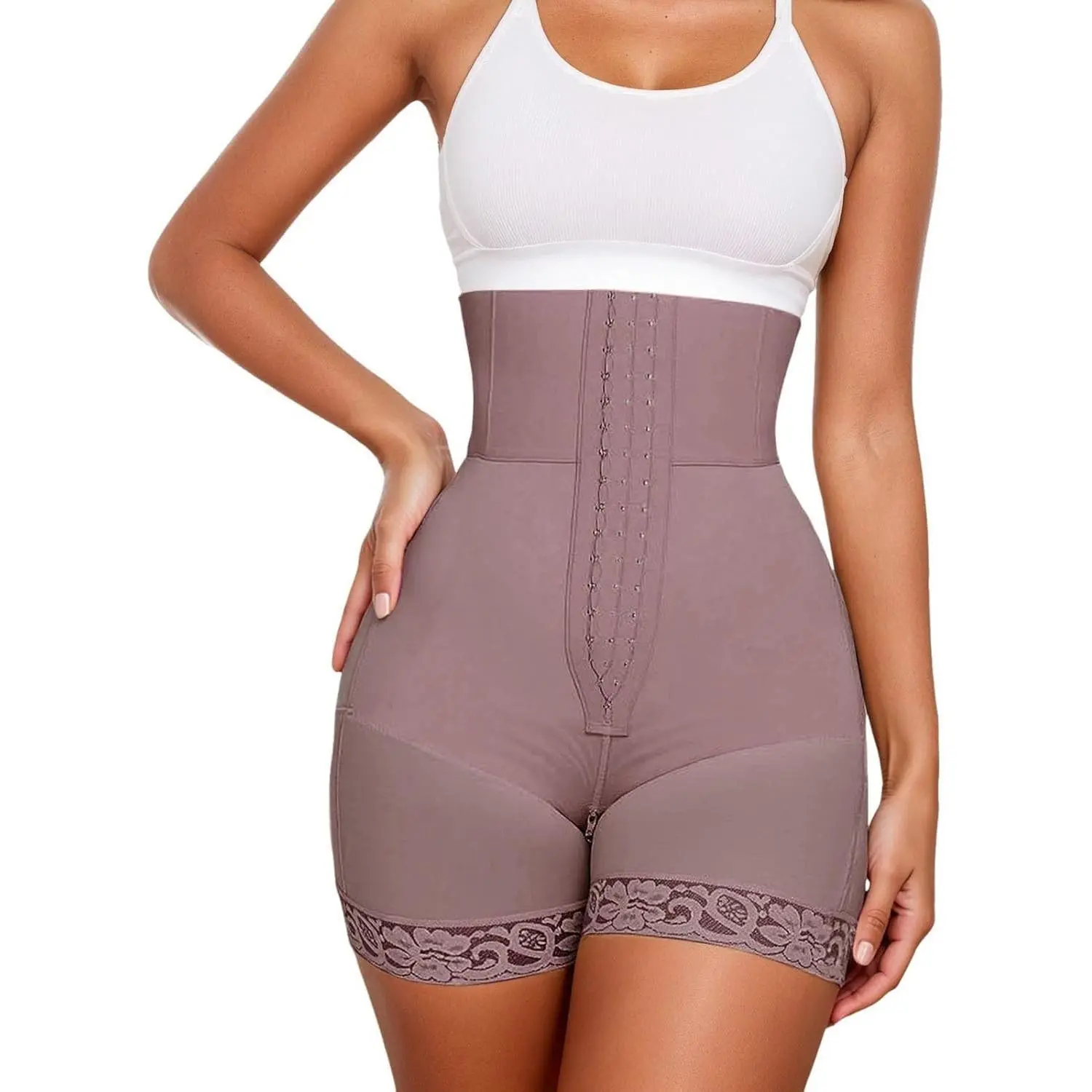 Women's Strapless Colombian Faja Body Shaper Shorts - High Waist, Spandex-Nylon Seamless, Tummy Control, Butt Lifter, Zip Up Crotch, Smooth Compression Fabric, Beige, for Wedding, Work, Body Contouring, Waist Reduction