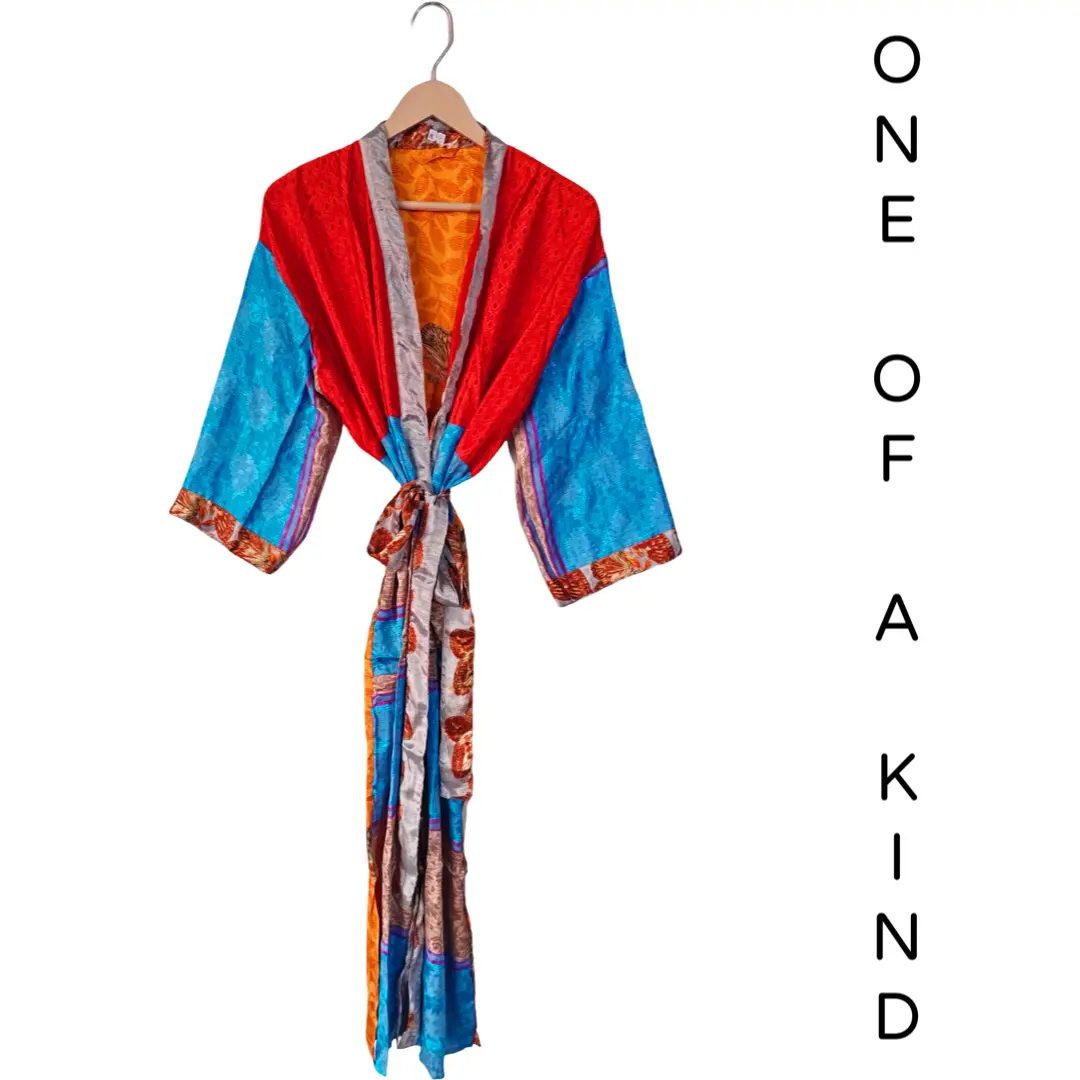 Recycled Silk Vintage Kimono - Red, Sky Blue, Yellow
