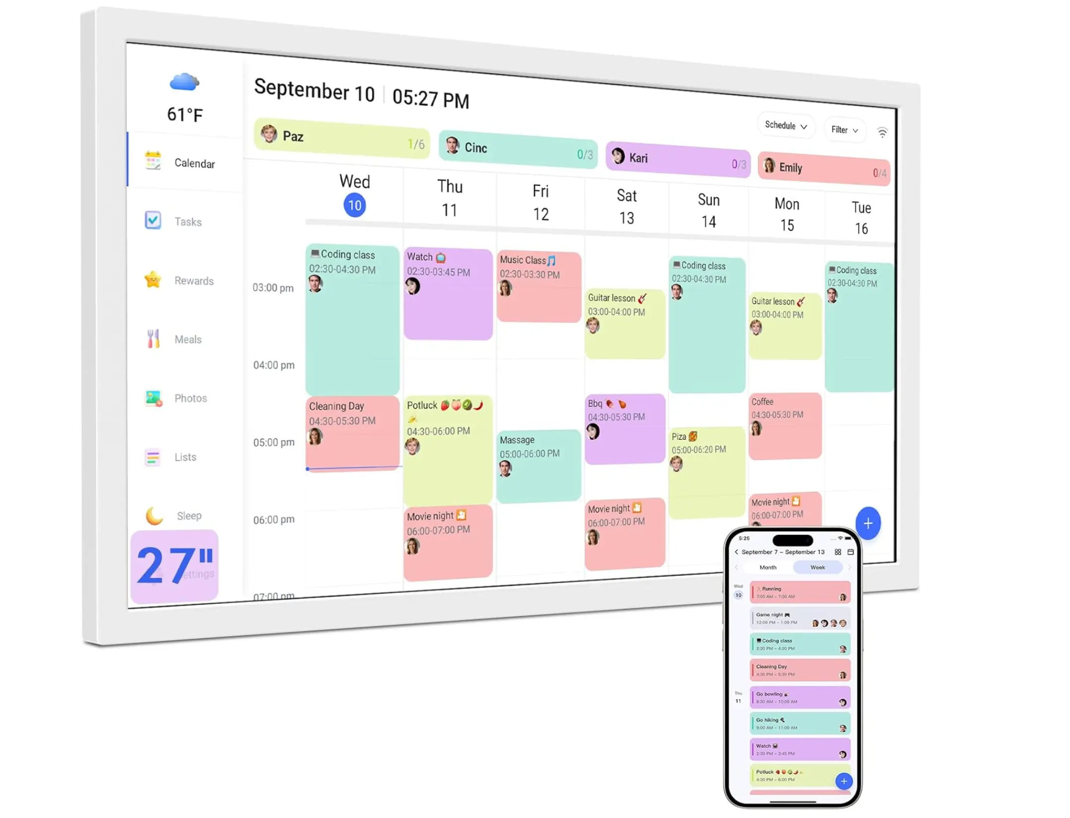27 Inch Smart Digital Calendar Max - Large Wall Mountable Electronic Family Planner, 1080p IPS Touchscreen Display, Auto-Sync Google/Outlook, Chore Chart & Meal Board, White - Gifts for Women & Men