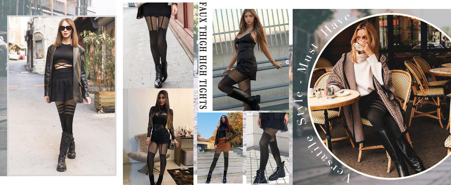 TIVO Women’s 3-Pack Sexy Fishnet Thigh High Stockings - Mock Over the Knee Striped Suspender Tights, High Waist Pantyhose Statement Comfortable Womenswear Fit Comfort