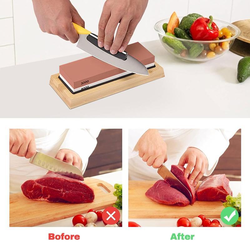 【Black Friday】Knife Sharpening Stone Set, Whetstone，Knife Sharpener Stone Set 4 Side Grit 400/1000 3000/8000, Professional Include Non-Slip Bamboo Base, Leather Strop, Flattening Stone & Angle Guide kitchen sharpener angle guide