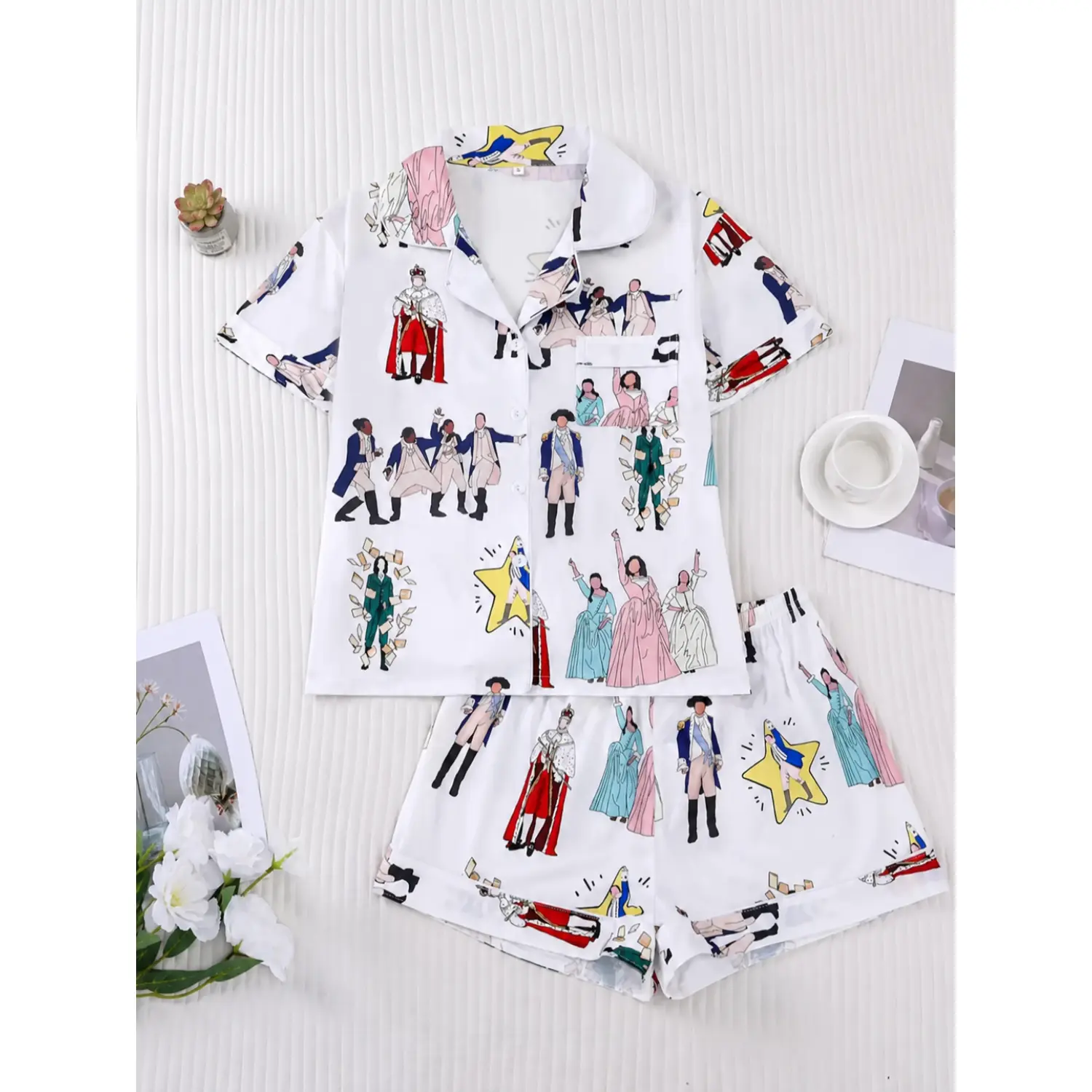 Women's Pajama Set - Hamilton Musical Theme, Soft Short Sleeve Shirt with Button-Down Collar & Elastic Waist Shorts, Casual Loungewear