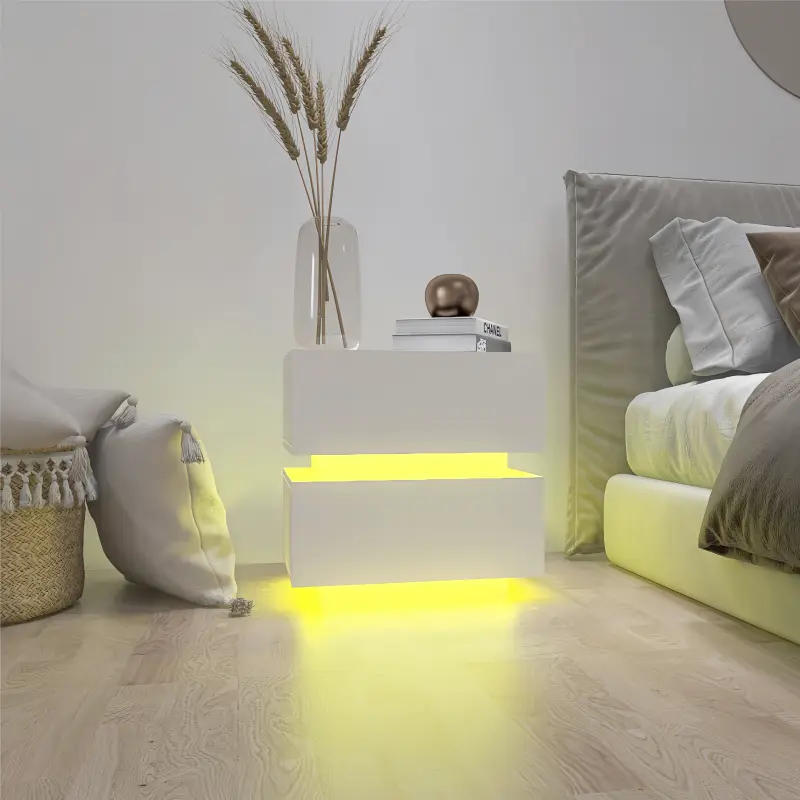 High Gloss Rectangular Electronic Nightstand - Single Unit, 2-Drawer, Bluetooth-Controlled RGB Lights, Quick Setup Indoor Furniture Bedside Table, 17.70x15.70x19.70 in