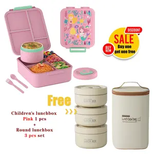 Nifogo Family Lunch Bundle: Adult Panda Insulated Bento Box + Kids 5-Compartment Set w/Soup Thermo, leakproof microwave-safe for office workers & school kids (Beige+Pink/Blue)
