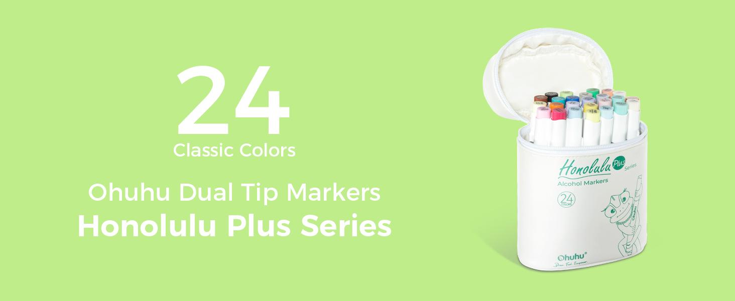 Ohuhu Alcohol Brush Markers: Supreme Brush& Chisel Dual Tips  - 24 colors - Alcohol-based Art Marker Set for Artist Adult Coloring Book Illustrations- Refillable - Honolulu Plus Series of Ohuhuart