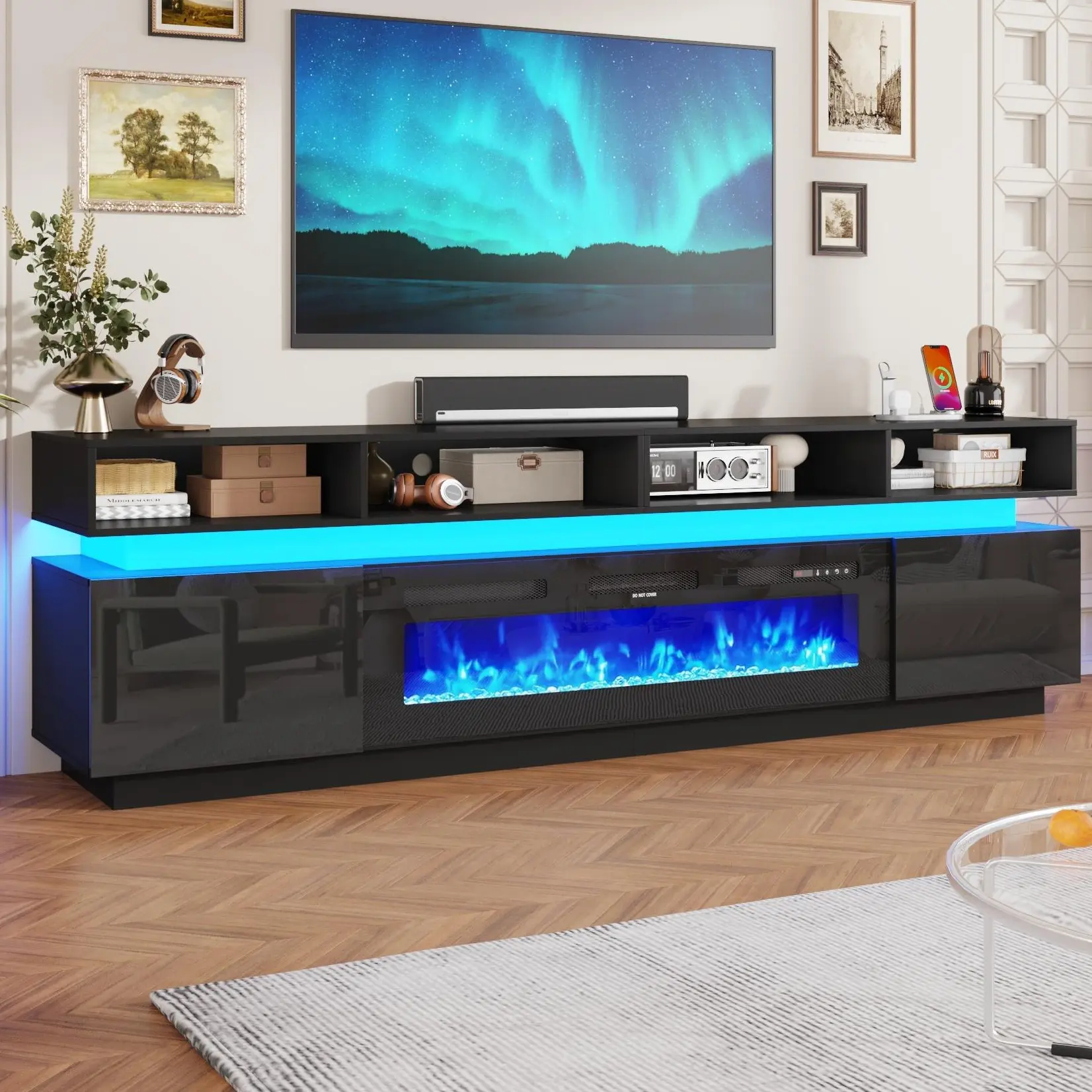 71 Inch/83 Inch/93 Inch LED TV Stand/Fireplace TV Stand, Modern Tall Entertainment Center with Storage, High Gloss Gaming TV Media Console with Glass Shelf for Living Room, White/Black