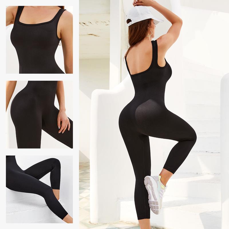 Nebility Women's High Elasticity Breathable Fabric Long Sleeve Yoga Jumpsuits Ribbed Design for Workout Leg Shape Ornament One Piece Activewear Clothing Athletic Training Apparel