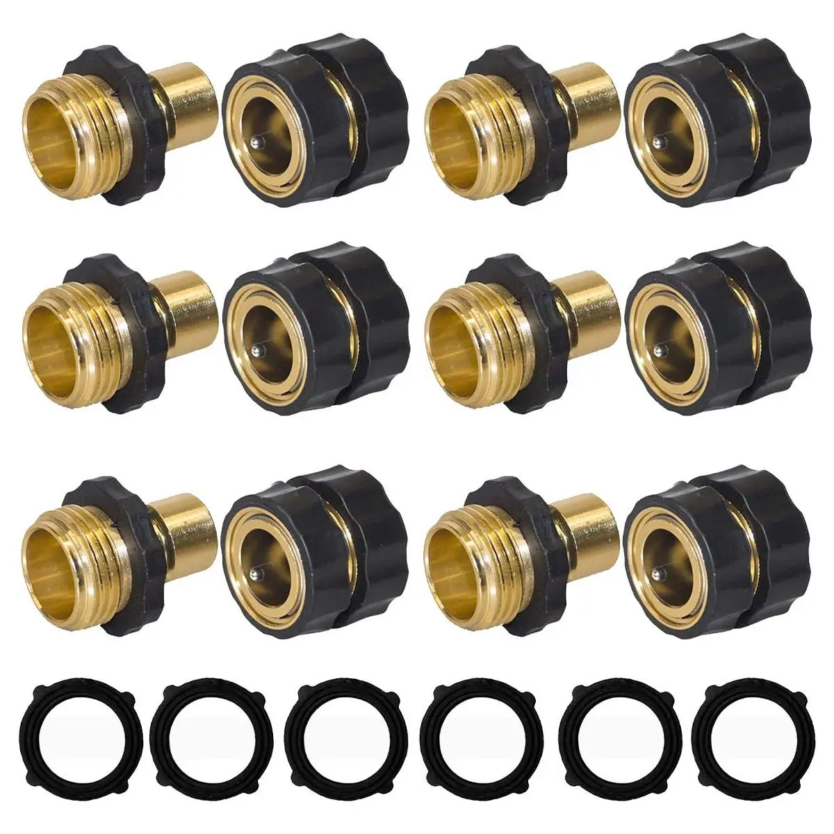 6-Set Garden Water Hose Connectors, 3/4-inch Male-Female Durable Aluminum Quick Connect Fittings, Leak-Free Seal, Rubber Adapters for Sprinkler Hookup & Faucet-to-Hose Link, Outdoor Plumbing Accessories (Not Compatible with M22 Pressure Washer Fittings)