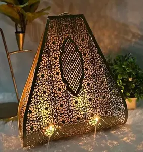 Moroccan Ramadan Table Decor Purse Lantern Rich Gold Iron Filigree Mesh Pattern Asymmetrical Silhouette Home Decor Centerpiece