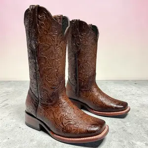 Stephy’s Boots Women Cowgirl Boots Stenciled with Square Toe Genuine Leather, Bota Dama Cincelada 100% Piel