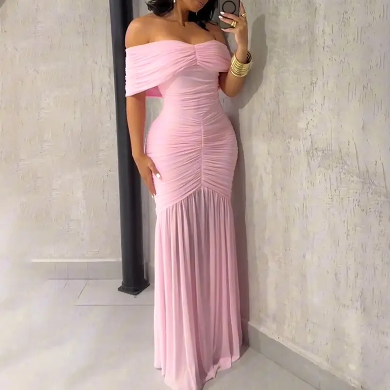 CHICME Foldover Off Shoulder Ruched Cinched Waist Minimalist Evening Slim Fit Mermaid Hem Dress Bump friendly fashion