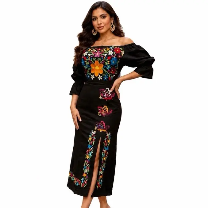 Women's Long Mexican Butterfly Gown - Don’t Size Up* Embroidered Floral Design, Adjustable Straps for Customized Fit, Style & Elegance, Formal Wear for Ladies, S-3XL Sizing (Does Not Run Small)