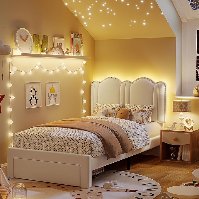 Raybee Furniture Pricess Bed Frame with Led Light, Elegant bed Frame with Headboard Adjustable, Upholstered Bed Frame, No Box Spring Needed