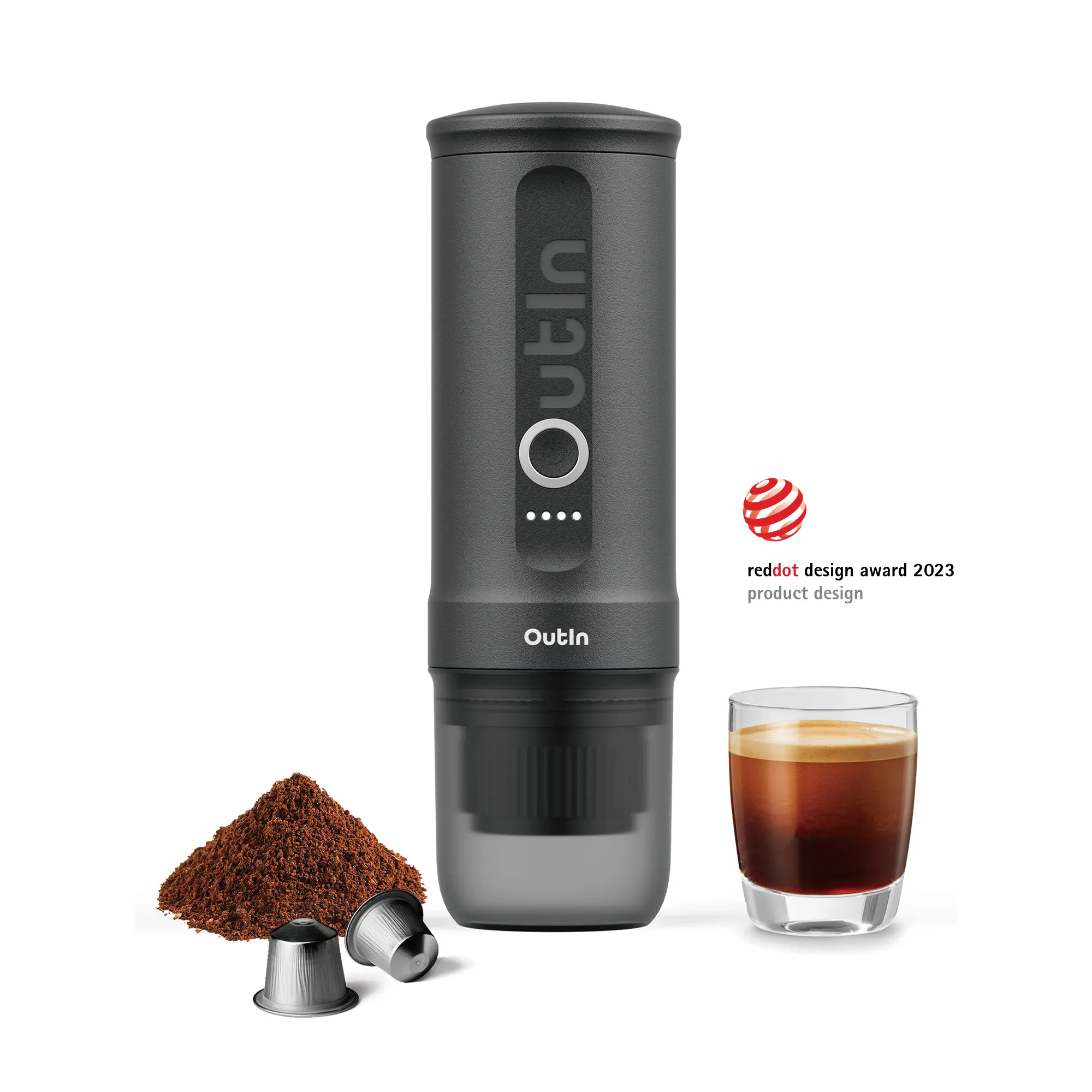 Outin Nano Portable Espresso Machine (Space Grey) – Self-Heating 12V/24V 20 Bar Stainless Steel Compact Lightweight Mini Car Coffee Maker, Compatible with NS Capsules & Ground Coffee, Reaches 92°C in <200s