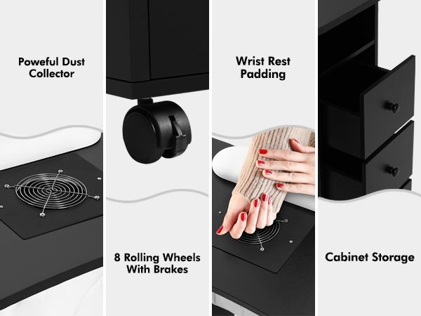 Nail Beauty Manicure Desk with Electric Downdraft Vent Wrist Cushion Lockable Wheels Storage Drawers & Wooden Handle Black