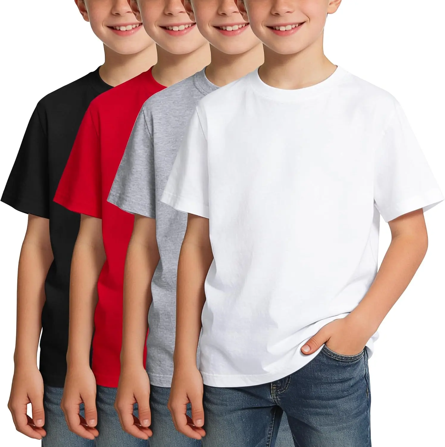 4 Pack Boys Shirts Kids Crew Neck T-Shirt Cotton Clothes Uniform Tops | Summer Short Sleeve Tshirts for Toddler Kids Teen 5-14 Years