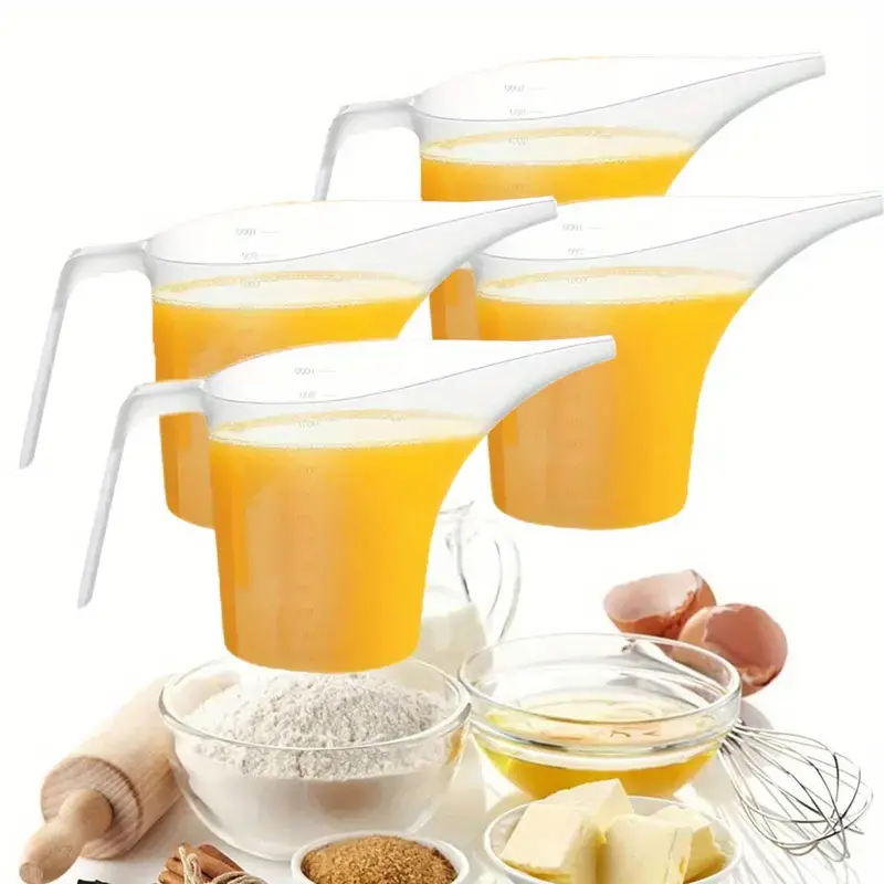 4 Pack 1000ml Clear PP Plastic Long Spout Funnel Measuring Pitcher, Graduated Large Capacity Easy Pour Cup, Multi-Purpose Baking Oil Dispenser for Bakeware Mold Plant Watering Soap Making Lab Kitchen Supplies