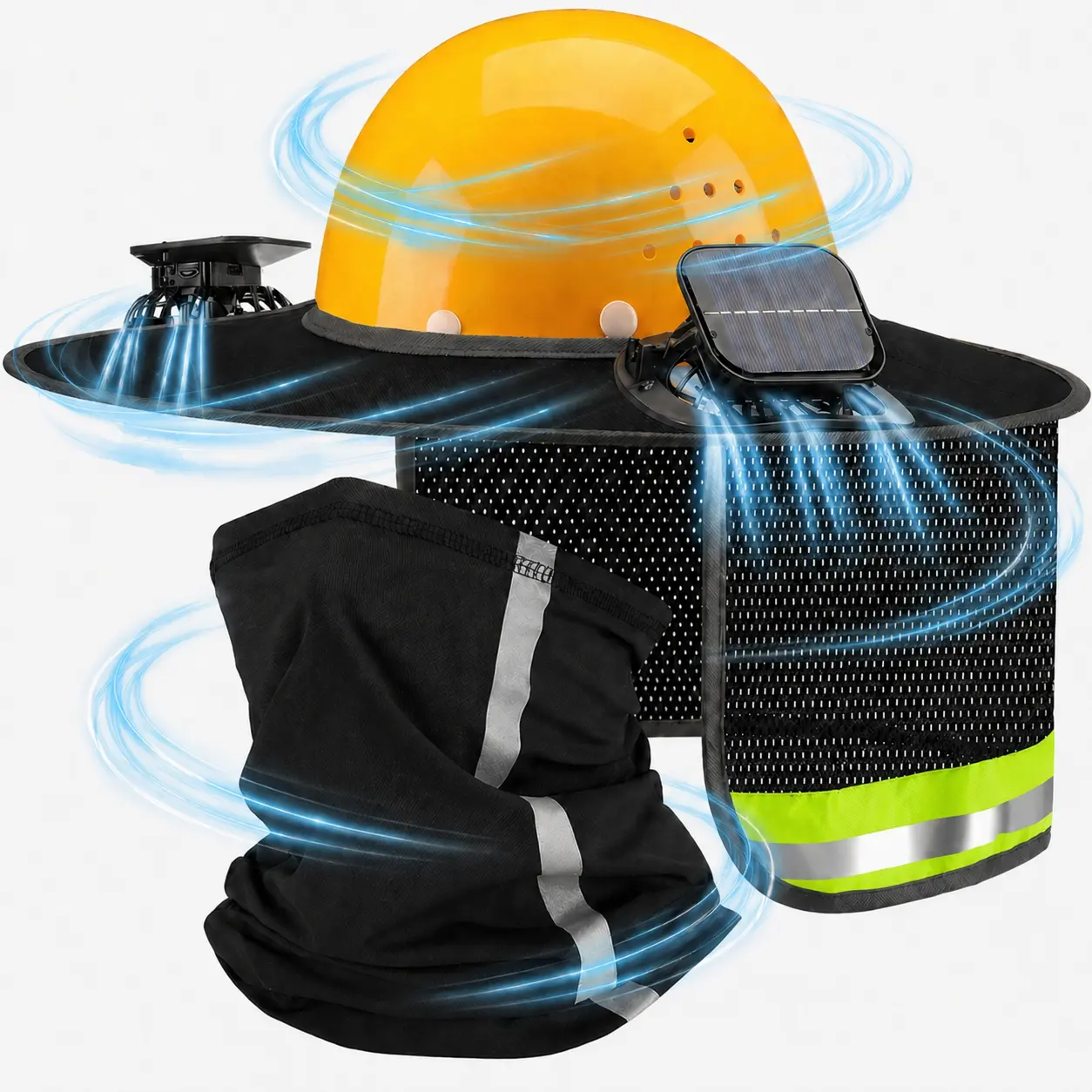 Hard Hat Sun Shade for Men, Full Brim High-Vis Mesh Visor with Neck Cover, Dual Solar Fans & Flexible Charging Support - Work Safety Accessories for Construction & Landscaping, Sun Visor, Roofing, Adjustable