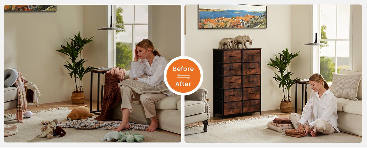 Tall Dresser for Bedroom with 10 Fabric Drawers, Organizer Units for Closet, Storage Tower with Cabinet, Metal Frame, Rustic Brown Wood Grain Print Dressers