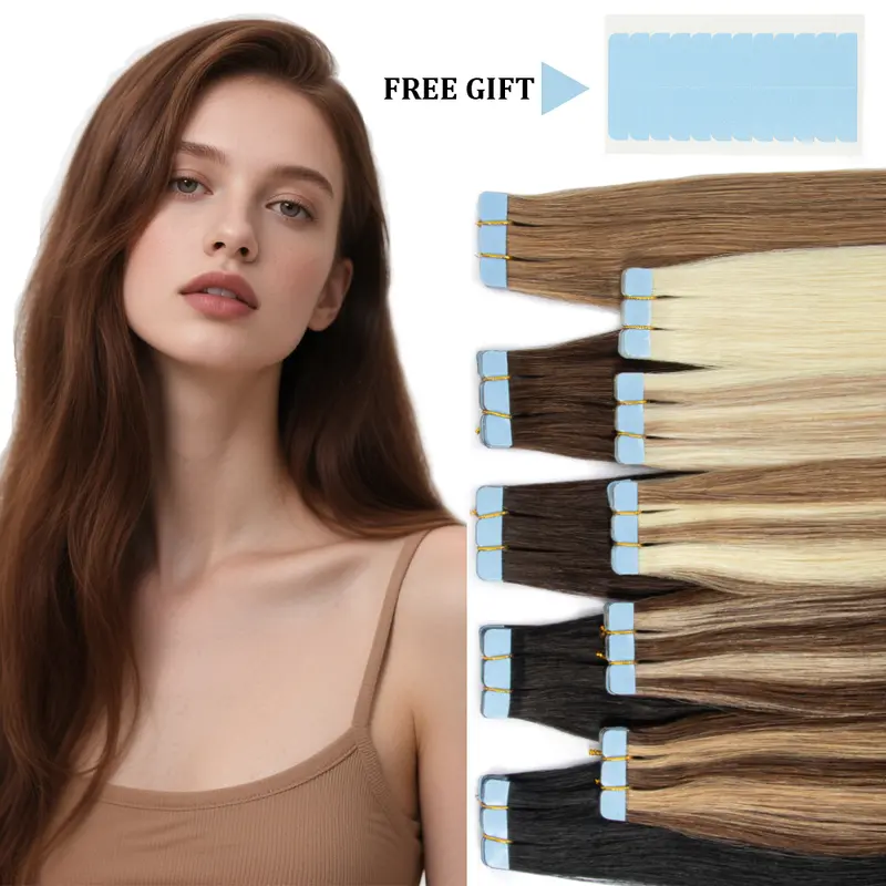Mini Tape In Human Hair Extensions Real Nautral Straight Machine Remy Hair Seamless Tape Hair Extensions 12inch-20inch 10pcs/pack Easy to Wear