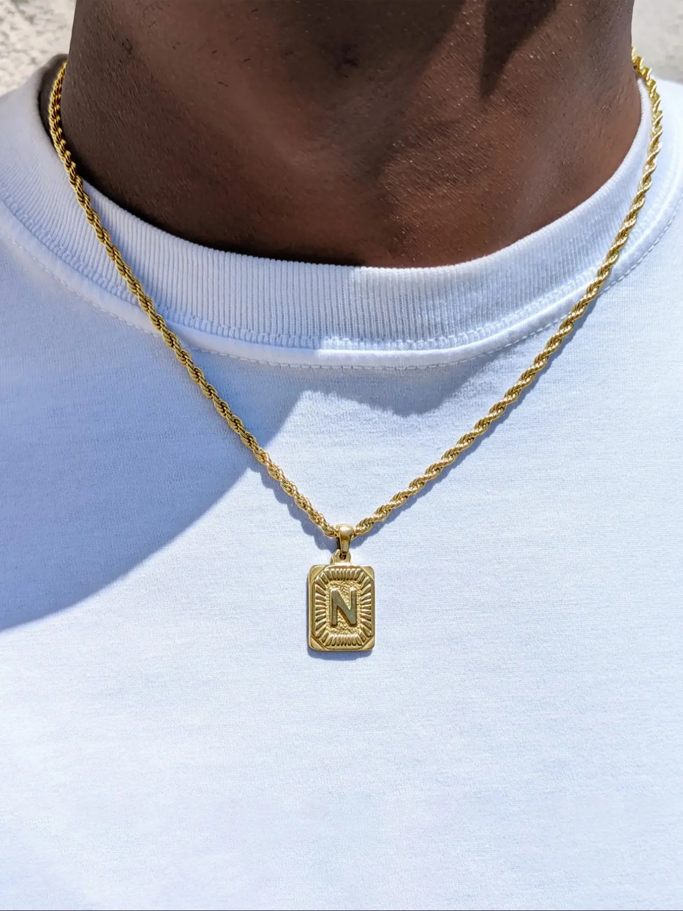Men's Stainless Steel Necklace with Square Pendant and Initial Letter, Personalized A-Z Design, Rope Chain Jewelry, Durable Fashion Accessory, Exquisite Jewelry Gift