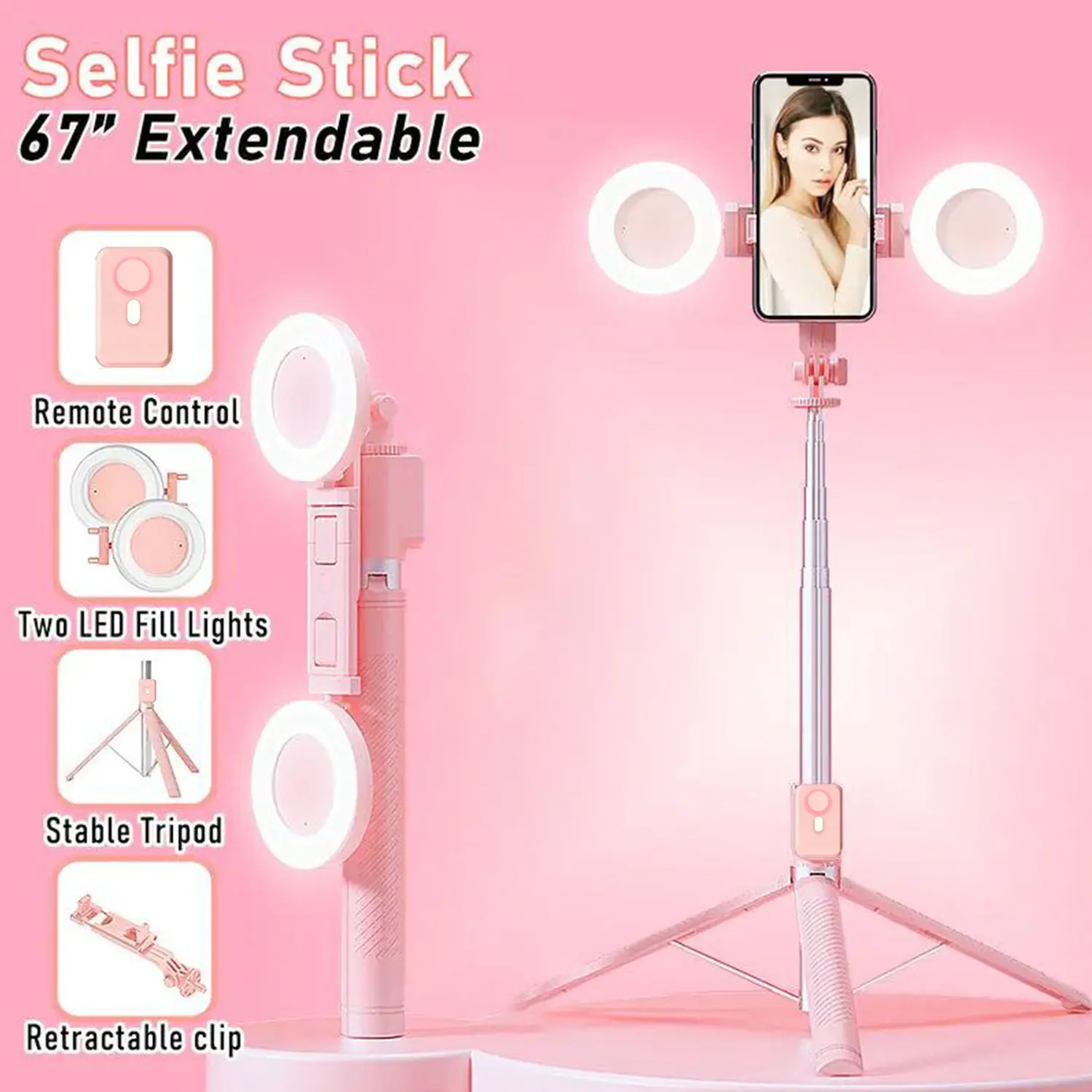 67-Inch Selfie Stick Tripod with 360° Rotatable Ring Light, Dual Fill Lights, Wireless Remote Control, Camera Cable Accessories, Cool Gadgets Vlogging Equipment for iPhone, Android Smartphones, Ideal for Vlogging & Gifting