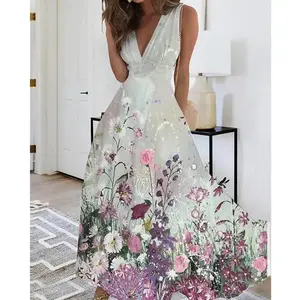 Women's Sleeveless Deep V Neck Floral Print Long Maxi Dresses Pleated High Waist Cocktail Party Evening Maxi Dress Vneck Formal Wear gold dress bridesmaid dresses mother bride dress military ball dress scarlett black dress girl jalece loaded prom dress