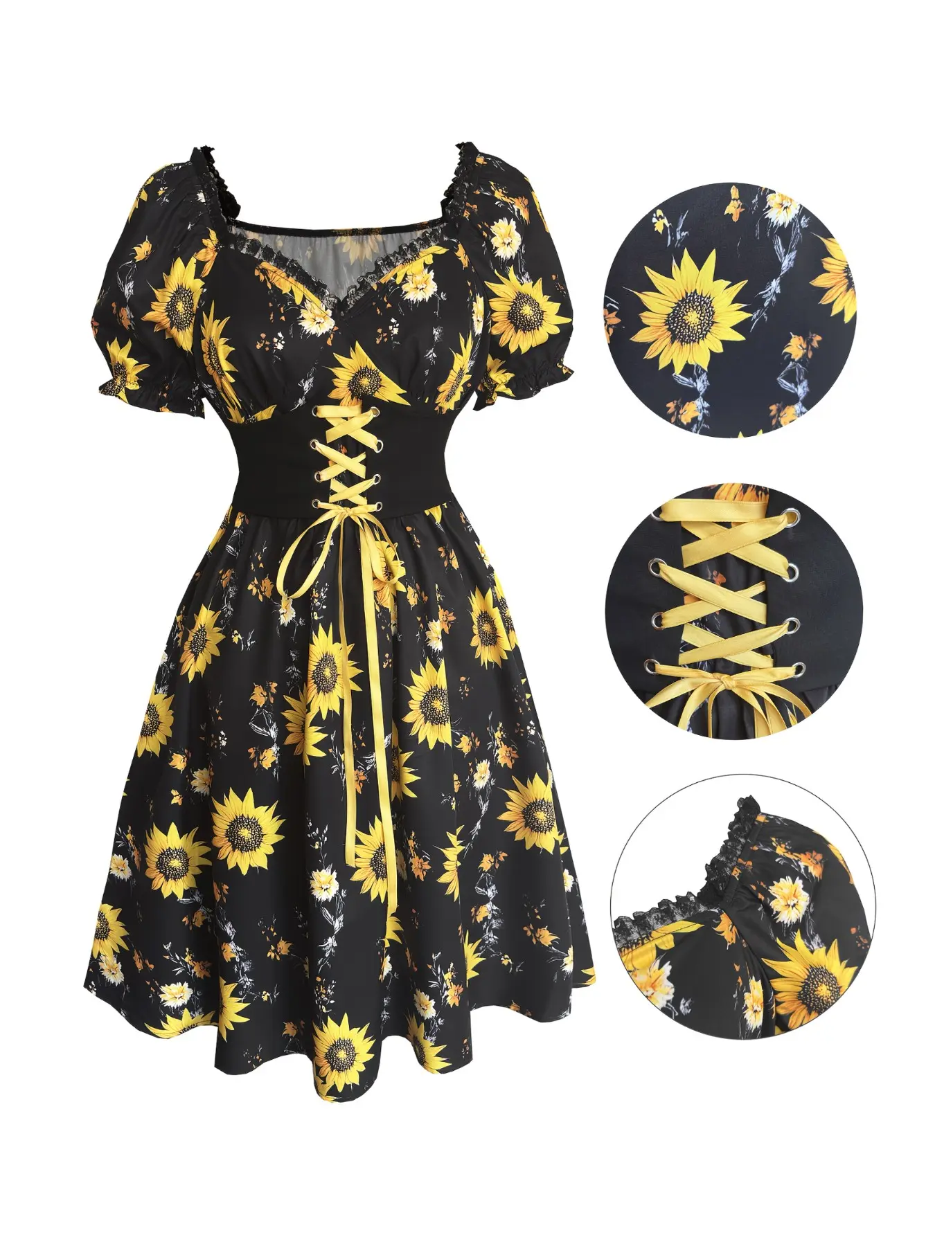 Sunflower Print Dress, Vintage Boho Bohemian Bubble Sleeve Waist Cinched Summer Floral Dress, Elegant Vacation Casual Womenswear Elegance, Boho Fashion Casual, Bohemian Aesthetic, Casual Boho Style