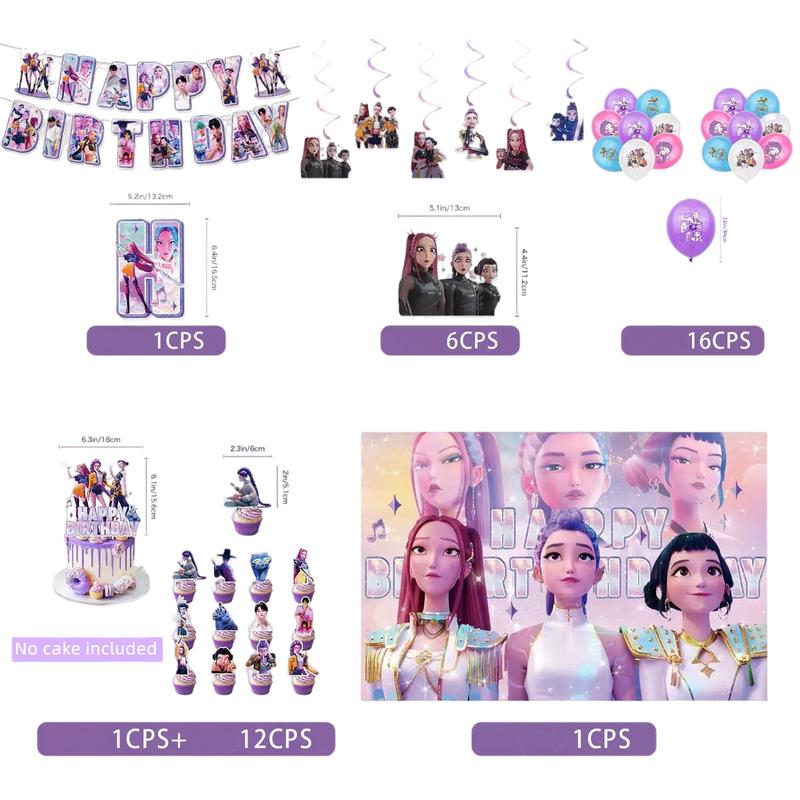 Kpop Birthday Party Decoration Set – Anime Demon Hunter Girls -Inspired Backdrop Banner, Balloons & Cake Toppers | Cool K-Pop Theme Party Supplies for Fans, Kids & Teens, Perfect Gift for K-pop Hunter Lovers