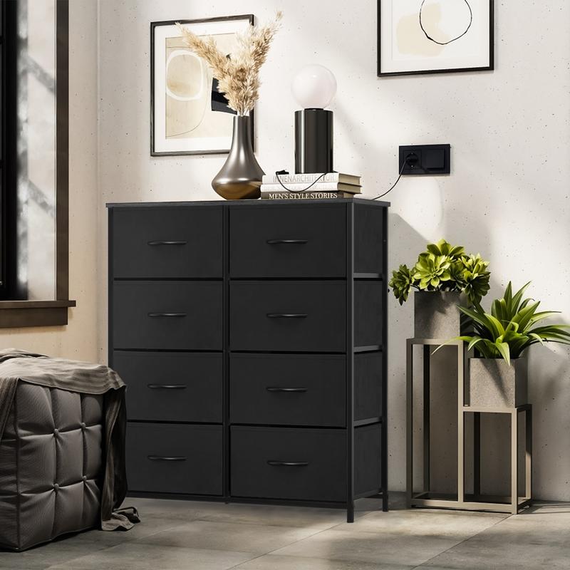 Dresser for Bedroom with 8 Fabric Drawers, Tall Chest Organizer Units for Clothing, Closet, Kidsroom, Storage Tower with Cabinet, Metal Frame, Wooden Top, Lightweight Nursery Furniture