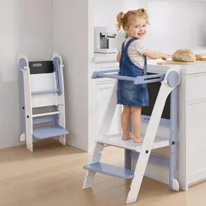 Foldable Toddler Standing Tower with Adjustable Height, Kitchen Stool Helper for Kids, Wooden Step Stool with Safety Rail & Anti-Slip Feet for Kitchen Counter and Bathroom Sink