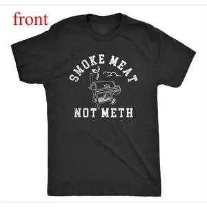 Black Short Sleeve T-shirt with White "SMOKE MEAT NOT METH" Text and Grill Graphic in Contrast Design