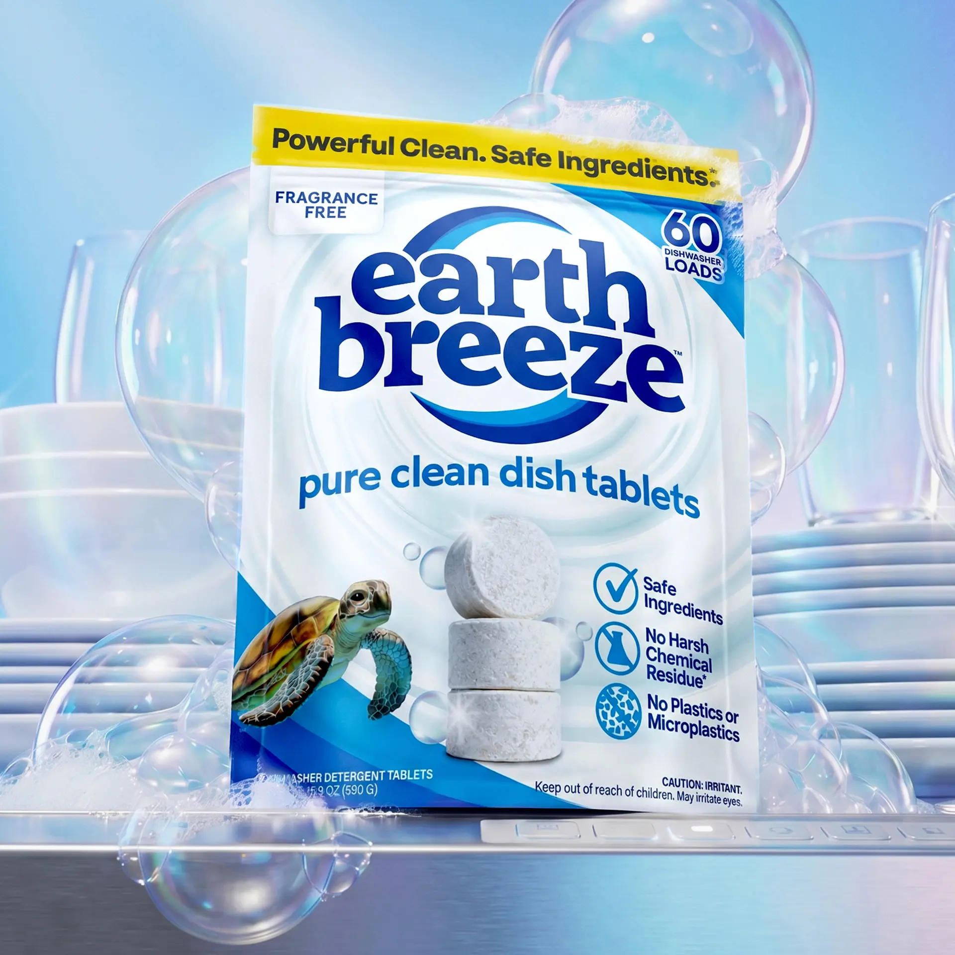 Earth Breeze Dishwasher Detergent Tablets, Free & Clear, 60 Count | 100% Plastic-Free Tablets with No Harsh Chemicals, 3-in-1 Triple Enzyme Formula, Eco-Friendly Dish Washing Pods, HE Safe