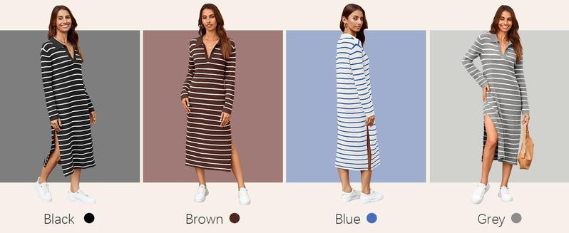 Imily Bela Womens Striped Summer Dresses Short Sleeve V Neck Knit Collared Sexy Slit Loose Maxi Sweater Dress