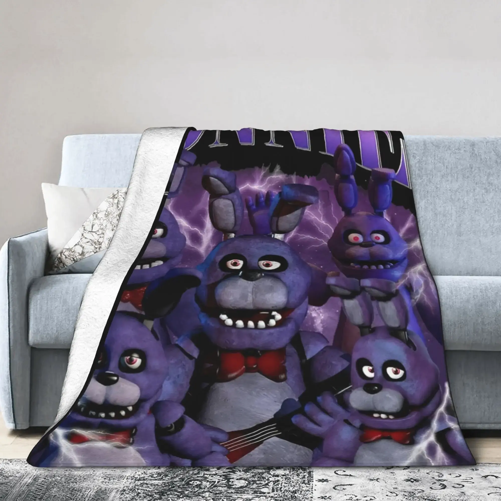 Vintage Funny FNAF Bonnie Print Cartoon Flannel No-Itch Throw Blanket - Multi-Size, Plush Texture, Soft Fabric, Warm, Ideal for Couch, Bed, Camping, Outdoor Adventures