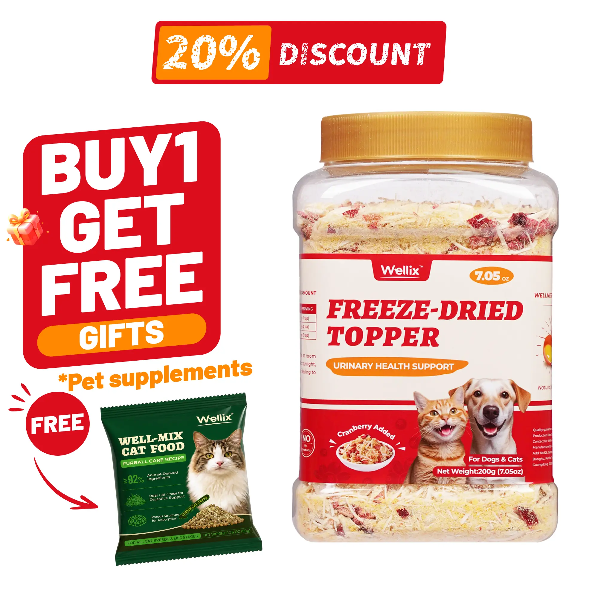 Wellix 7.5oz Dog & Cat Cranberry Added Food Topper - Chicken, Egg Yolk, Cranberry | Freeze Dried Chicken Formula | Low Calorie | Support Kidney, Bladder & Urinary Health | 100% Natural, Nutritious, Yummy