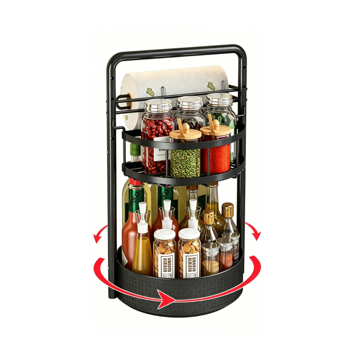 Rotating Spice Rack with Paper Towel Holder, 2-Tier Lazy Susan Turntable Seasoning Organizer, Adjustable Storage Rack for Kitchen Countertop & Cabinet, Space-Saving Black Spice Rack, Multifunctional Kitchen Organizer for Spices, Herbs, Condiments