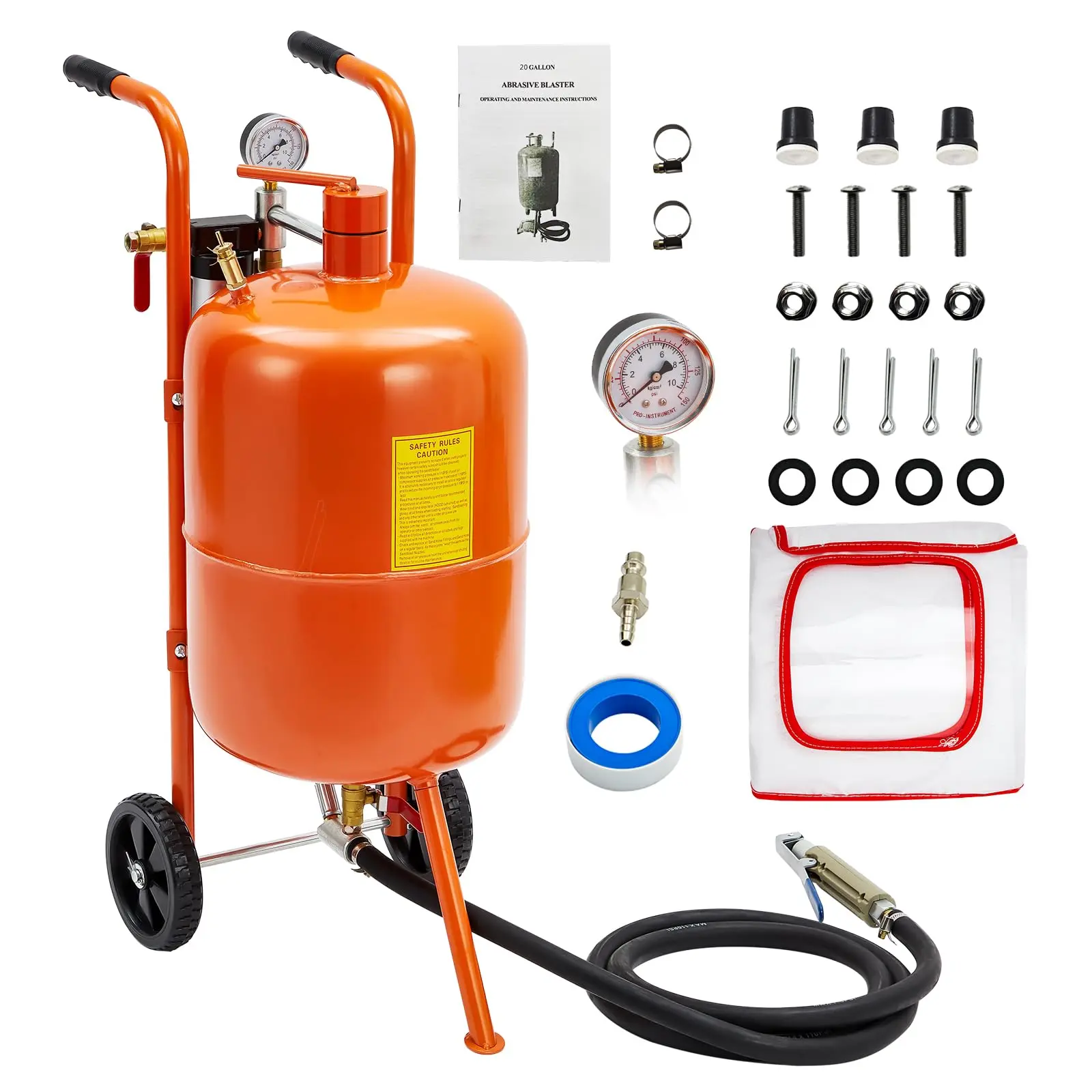 Heavy Duty Portable Sand Blasting Machine Kit – 20 Gallon High Pressure Air Abrasive Blaster with 4 Ceramic Nozzles & Oil-Water Separator, 60-110 PSI Mobile Paint, Rust, Mark Remover, Air Compressor Compatible Heavy Duty Portable Sand Blasting Machine Kit