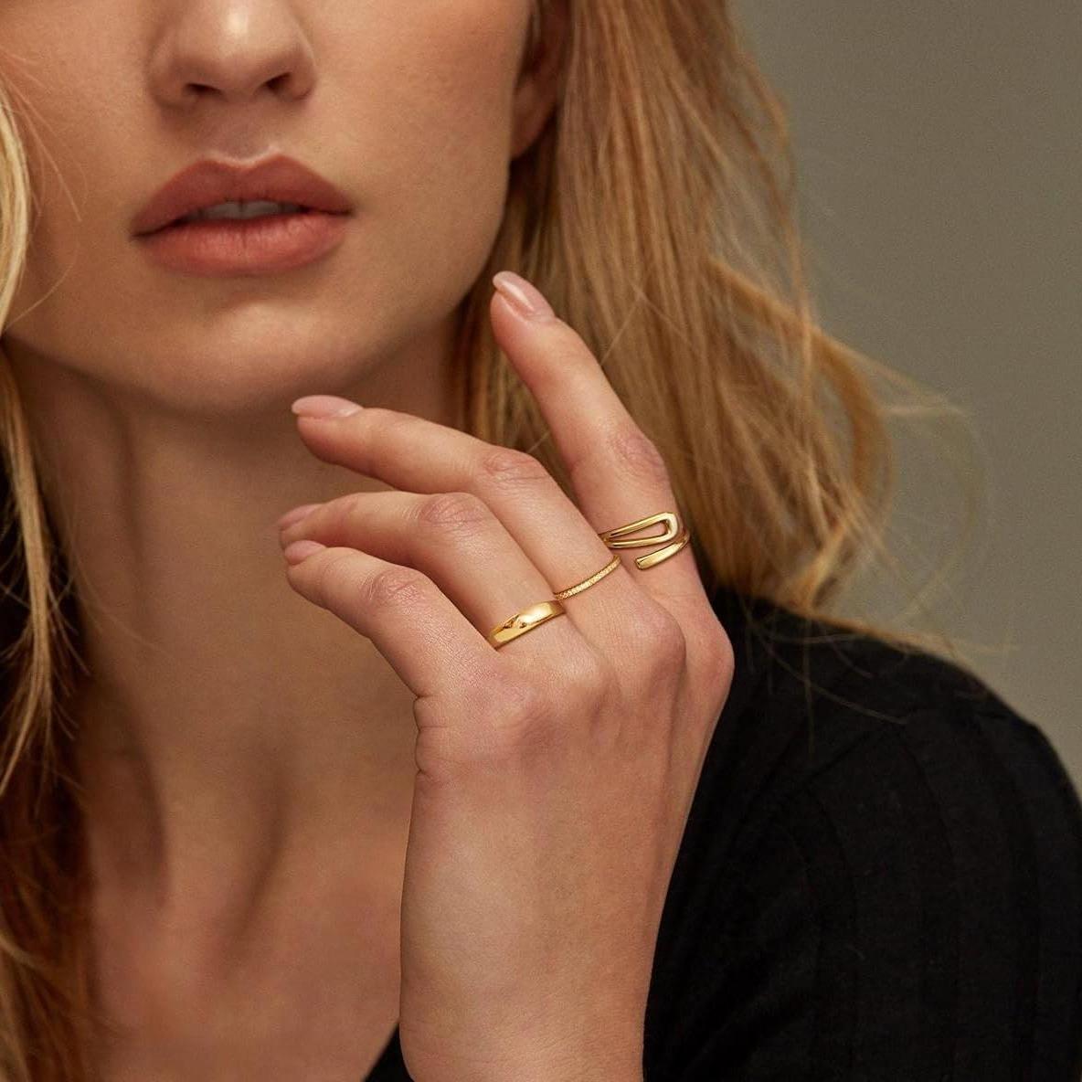 Tewiky 3 Rings Set 14K Gold Plated Stacking Rings for Women Stacking Ring Set Hypoallergenic Hoops Lightweight Tiny Thick Trendy Hoop Earrings Stacks for Multiple Piercing For Valentine's Day gifts