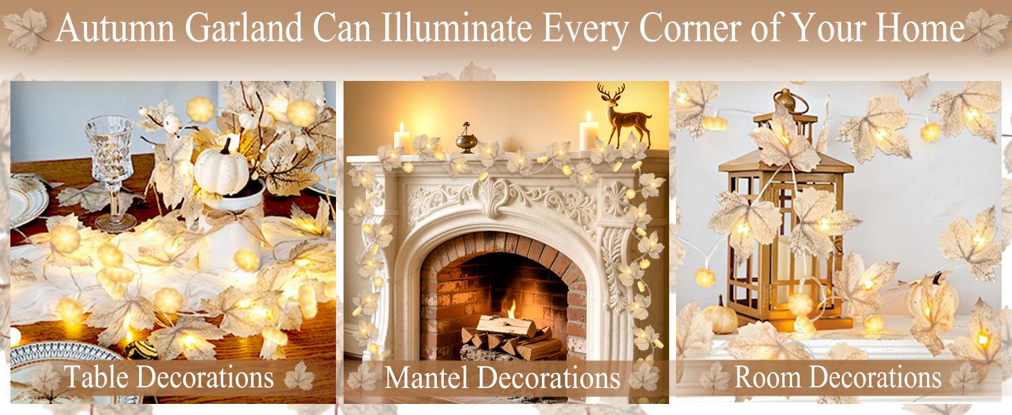2 Pack Fall Maple Leaves Garland with Lights Fall Decor, 3D Pumpkin Lights & 40 LEDs, Total 14.4Ft Maples Leaf Garland Fall Lights Thanksgiving Decorations for Home Indoor Outdoor Mantle Fireplace Porch Table Decor