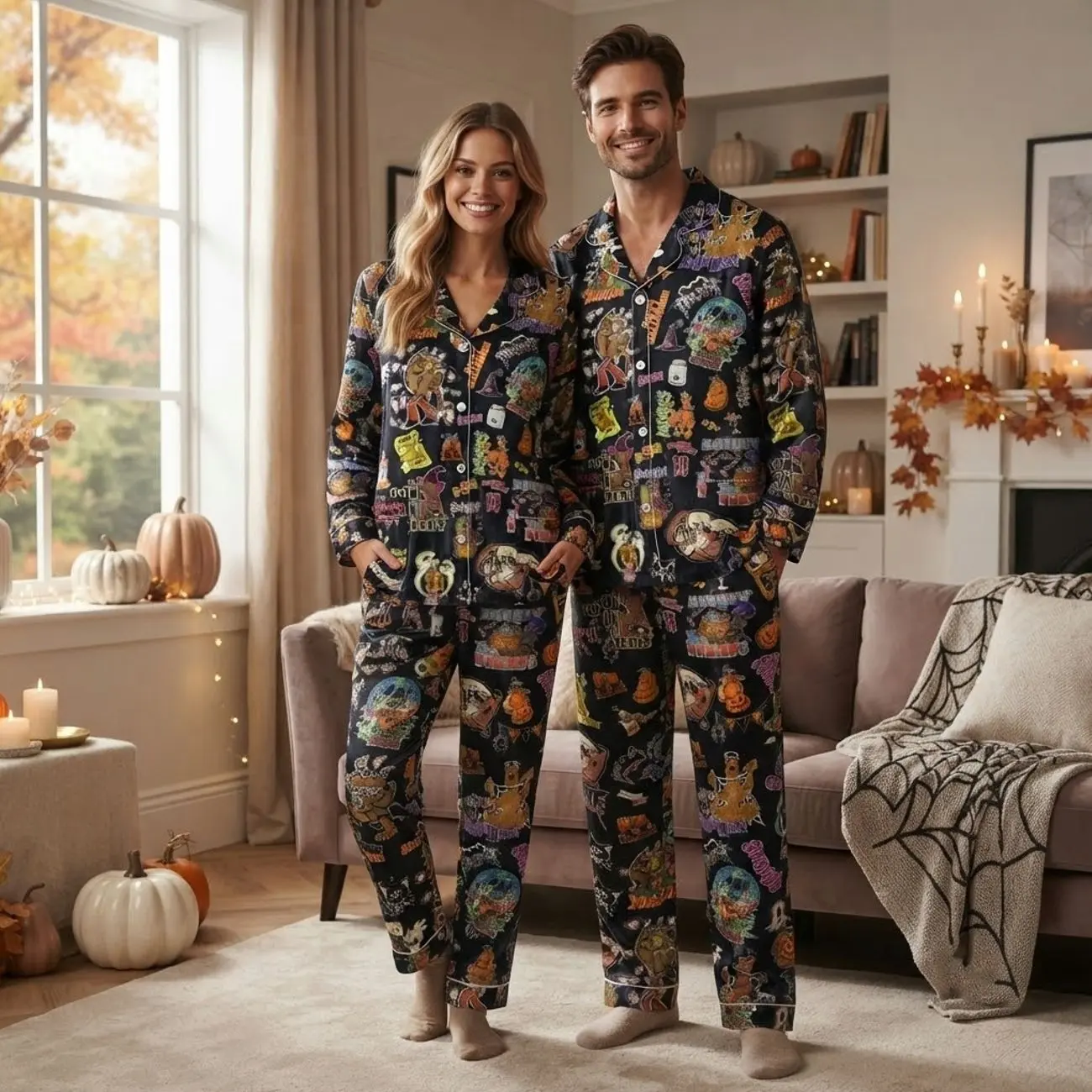 Matching Couples Pajamas Set Scooby Doo Print Black Long Sleeve Satin PJS