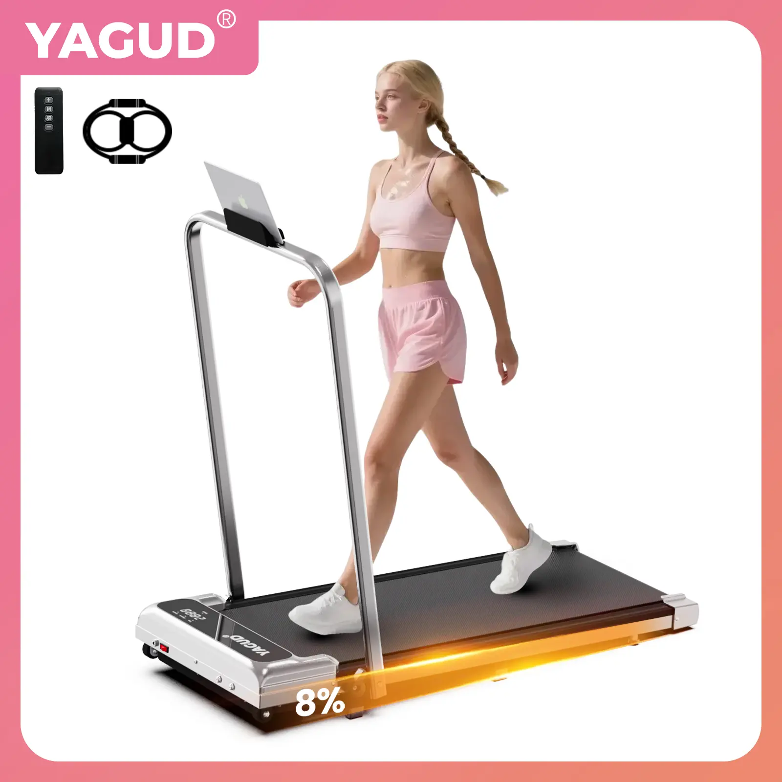 YAGUD Upgraded Folding Walking Pad Treadmill with Incline, 265lbs Weight Capacity, Low-Noise Motor, Wide Belt, Dual Shock Absorption, Remote Control & Wheels, Free Resistance Bands Included
