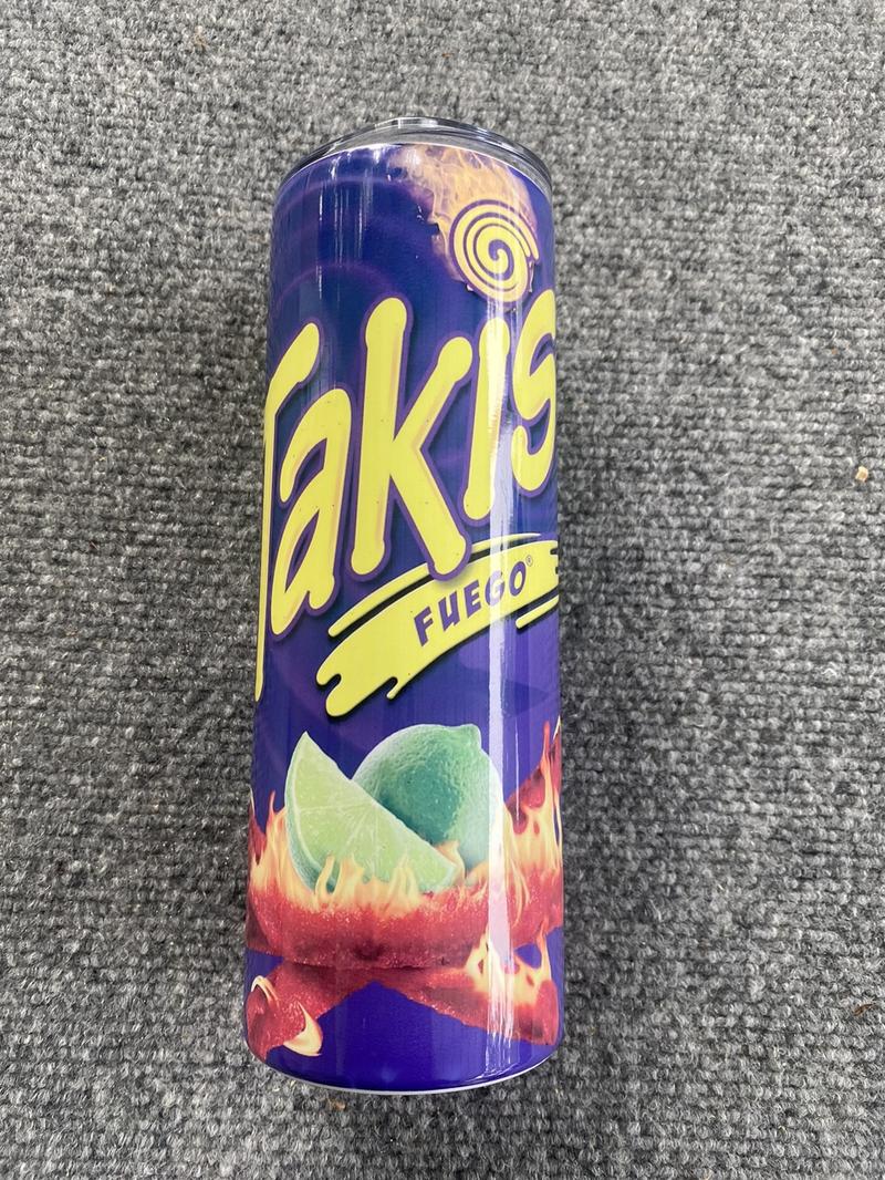 Takis Tumblers 20 Oz Skinny Straight, Stainless Steel Tumbler Come with straw and rubber bumper!