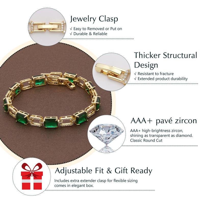 Turandoss Emerald Tennis Bracelet – 14K Gold Plated, Sparkling CZ, Adjustable Fit, Perfect Christmas Gift