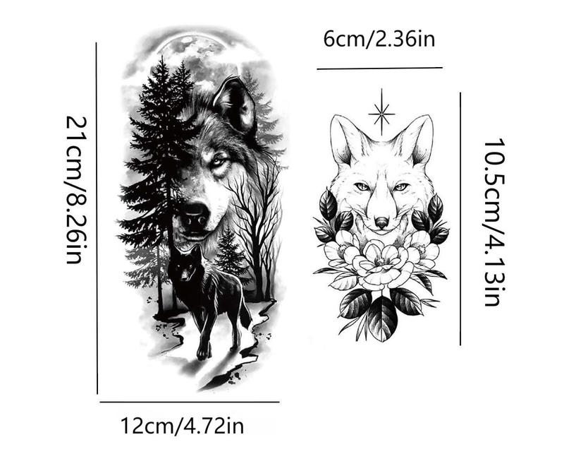 76 Sheets Large Black Temporary Tattoo Stickers - Tribal Wolves, Tigers, Lions, Snakes, Skulls, 12 Fake Tattoo Stickers for Men & Women Arm Designs