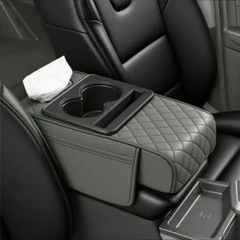 5-in-1 Leather Ergonomic Diamond-Stitched Car Armrest Cushion (13.7"x7.8") - 2 Storage Bags, Cup Holder, In-Reach Tissue Box Slot, Phone Slot, Non-Destructive Installation, Relieves Driving Fatigue, Car Interior Stowing Organizer for Sedans (Black, Grey)