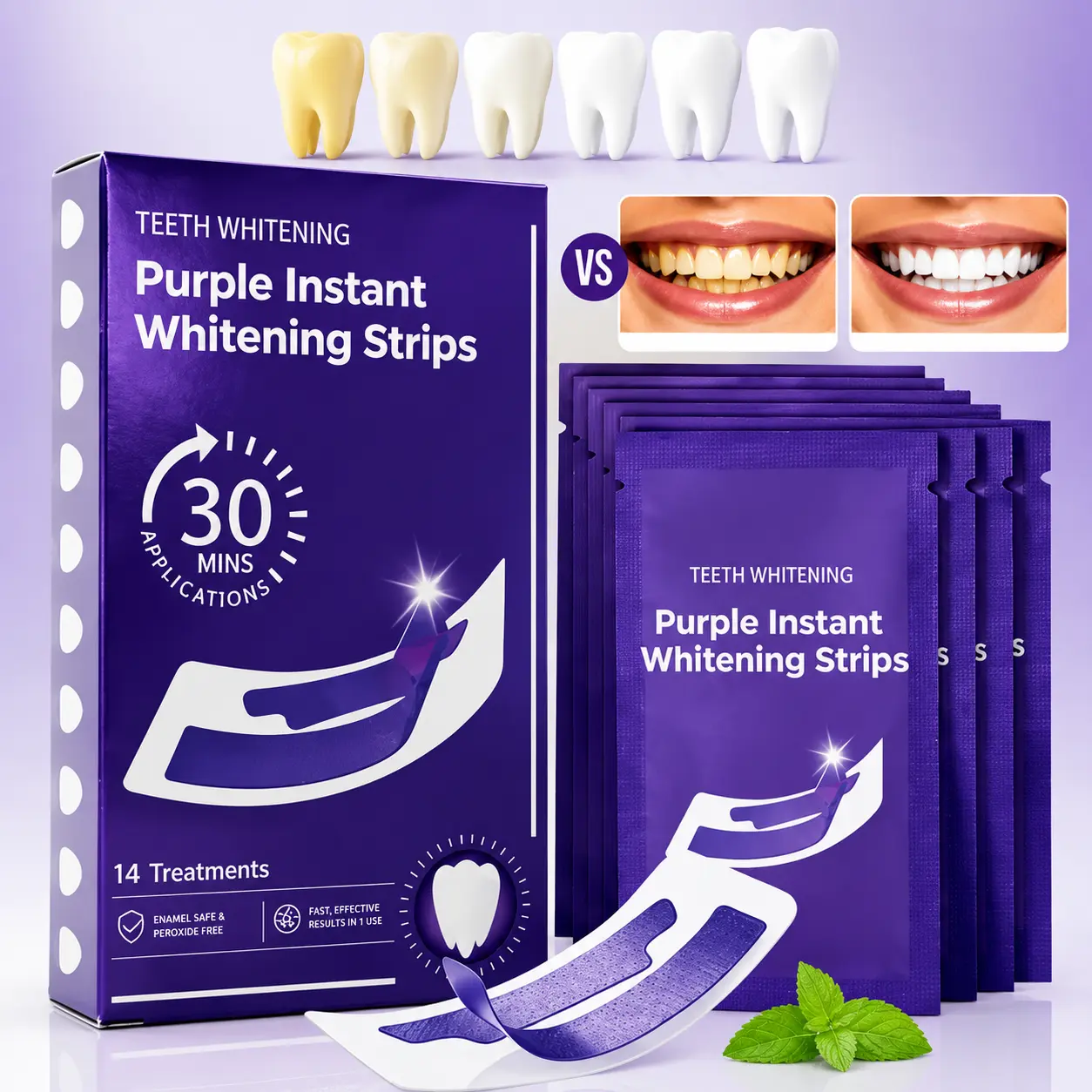 Purple Oral Gentle Teeth Whitening Strips - 14 Treatments, 30 Mins Application, Enamel Safe, Peroxide Free, Fast-Effective Results in 1 Use, Whitening Strips Teeth, Purple Whitening Strips