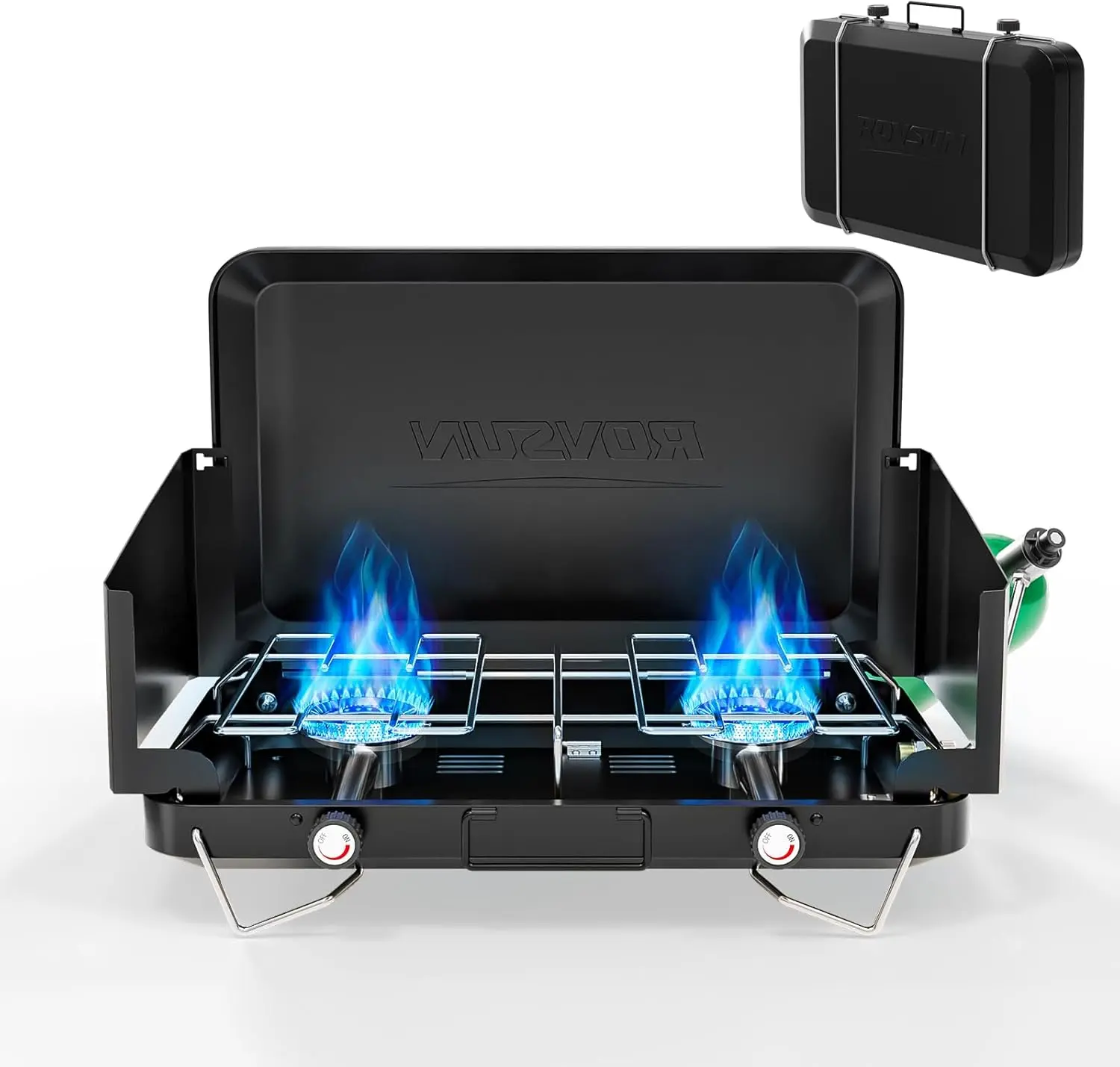 ROVSUN Propane Camping Stove with Adapter, 2/3 Burner Tabletop Portable Propane Camp Stove with Built-in Handle & Foldable Wind Panel for Outdoor Camping, Tailgating, Grilling